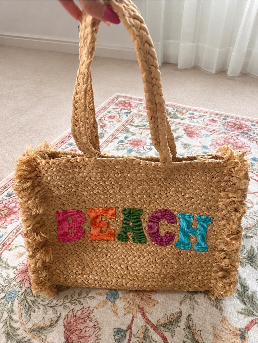Antik Kraft Tan Straw Tote with Multicolor 'BEACH' Letters